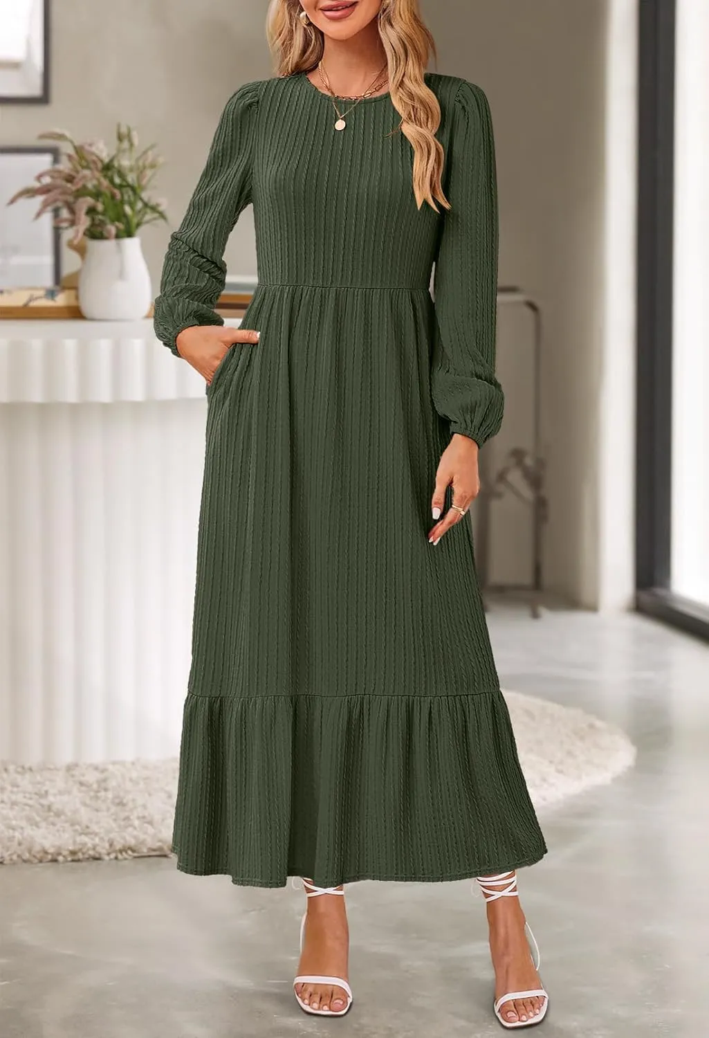 MEROKEETY Women's Fall Long Sleeve Maxi Dresses 2024 Casual Knit Crew Neck Tiered Flowy Pockets Dress