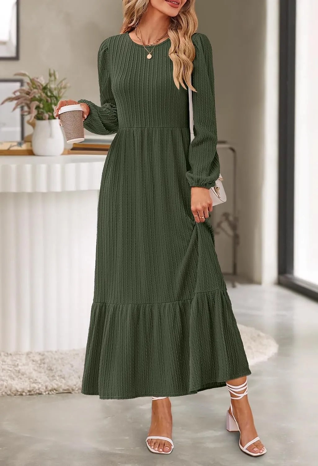 MEROKEETY Women's Fall Long Sleeve Maxi Dresses 2024 Casual Knit Crew Neck Tiered Flowy Pockets Dress