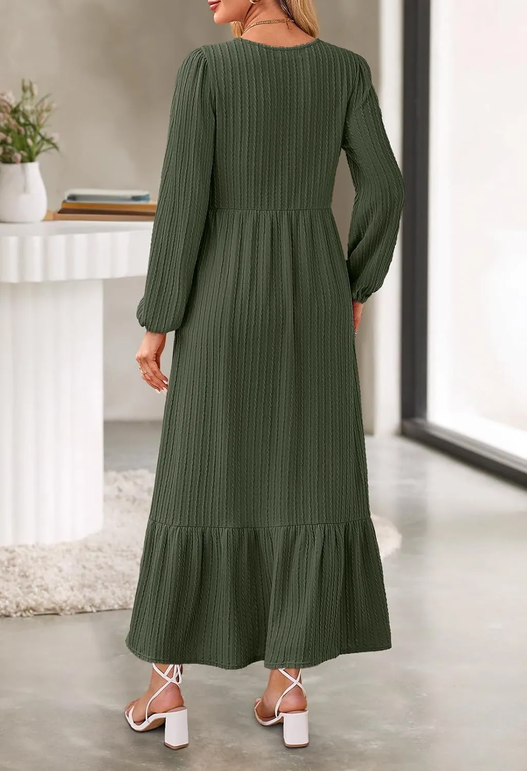 MEROKEETY Women's Fall Long Sleeve Maxi Dresses 2024 Casual Knit Crew Neck Tiered Flowy Pockets Dress