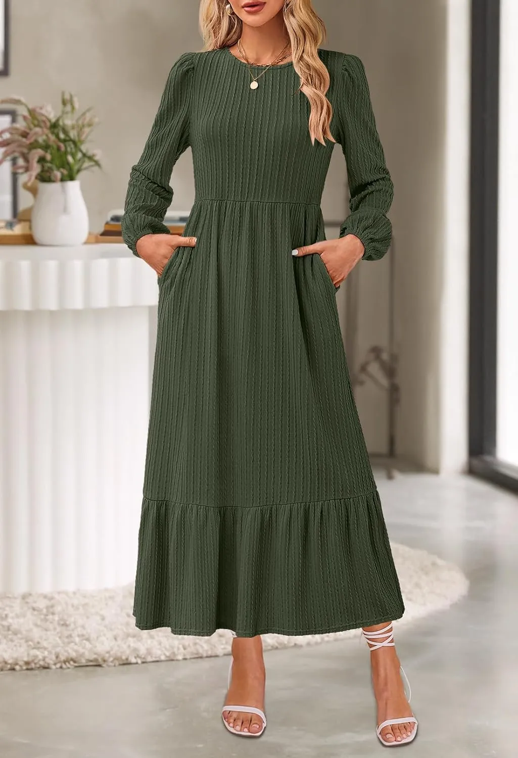MEROKEETY Women's Fall Long Sleeve Maxi Dresses 2024 Casual Knit Crew Neck Tiered Flowy Pockets Dress