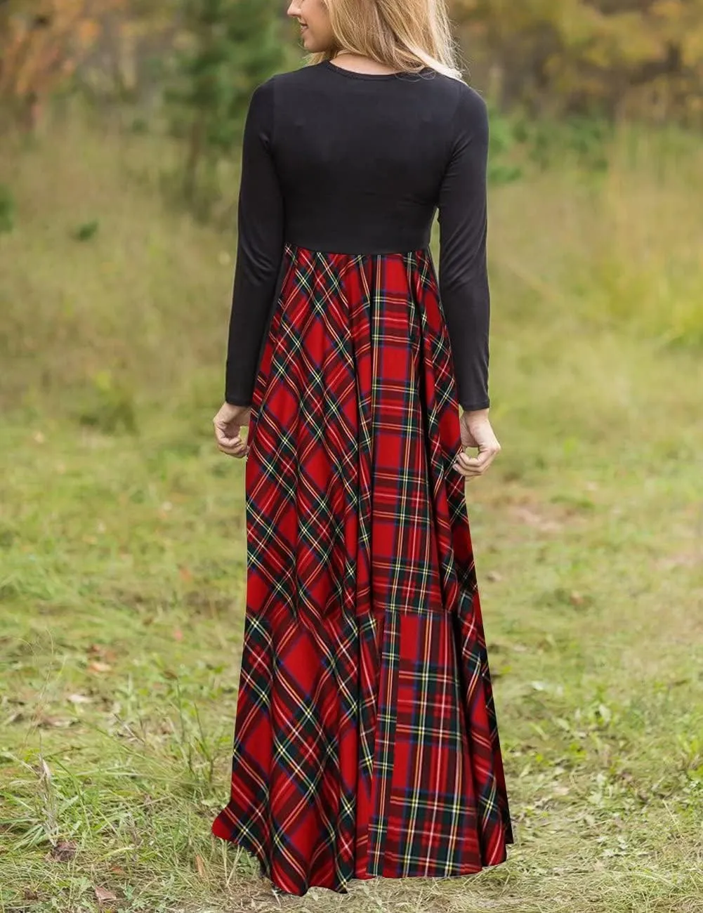 MEROKEETY Women's Long Sleeve Plaid Empire Waist Full Length Maxi Dress with Pockets