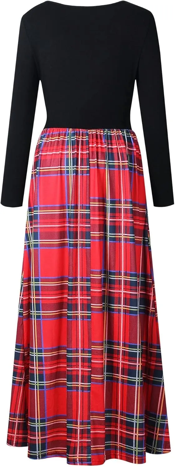 MEROKEETY Women's Long Sleeve Plaid Empire Waist Full Length Maxi Dress with Pockets