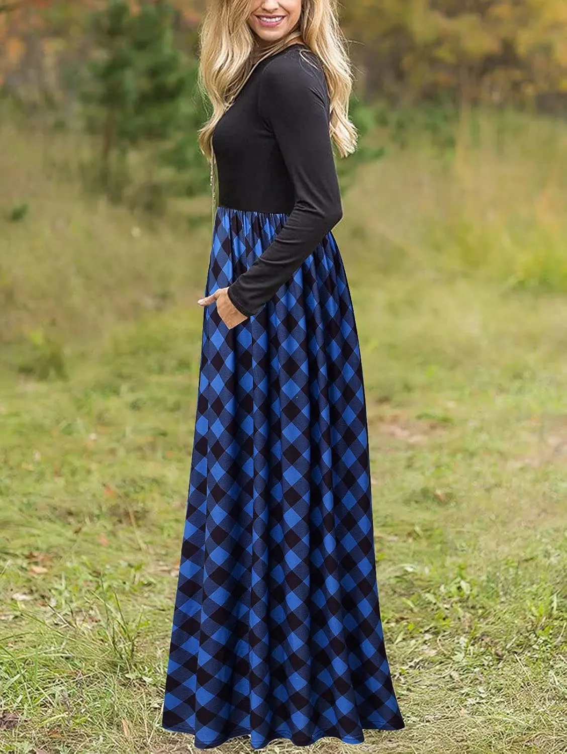 MEROKEETY Women's Long Sleeve Plaid Empire Waist Full Length Maxi Dress with Pockets