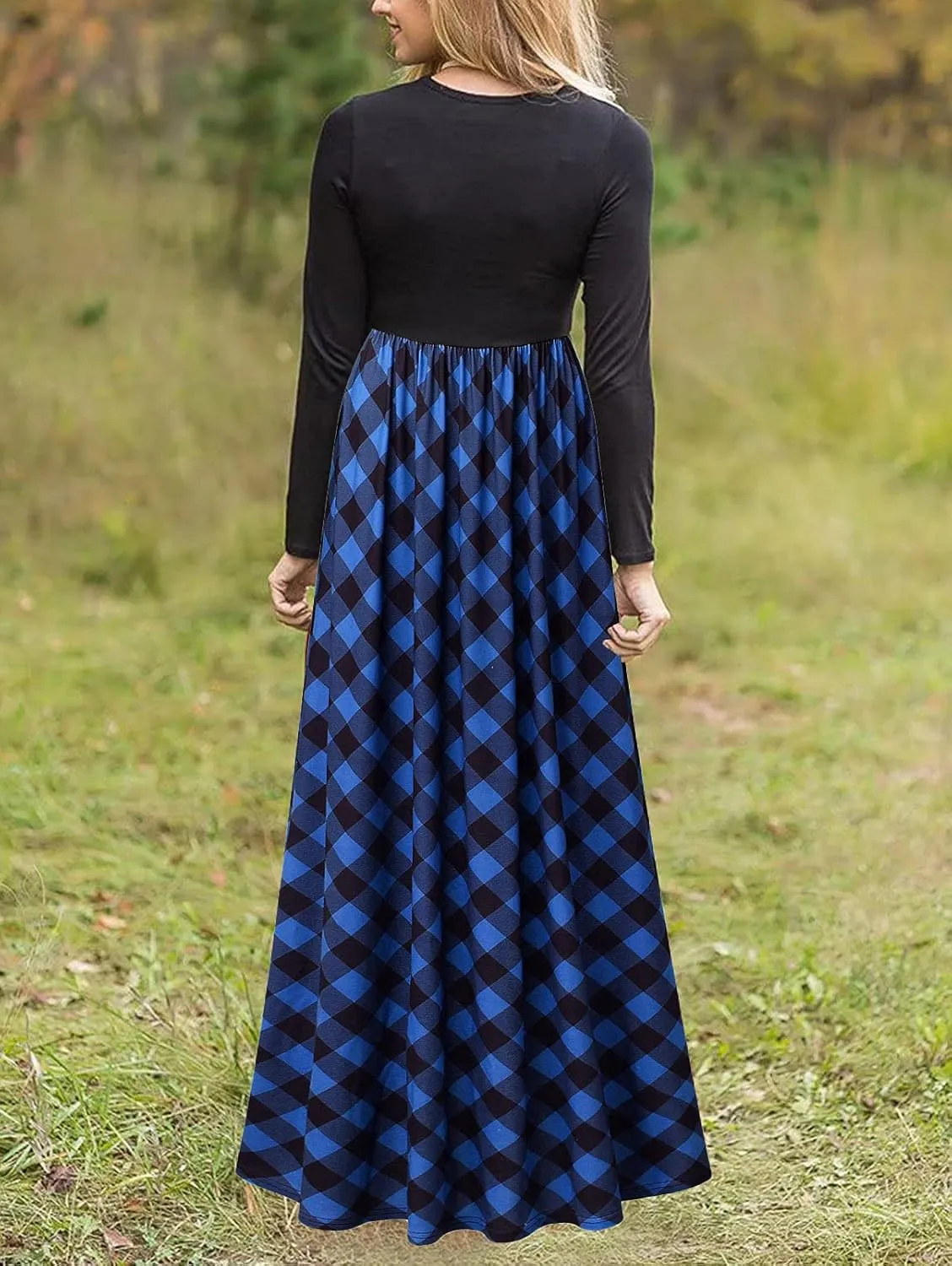 MEROKEETY Women's Long Sleeve Plaid Empire Waist Full Length Maxi Dress with Pockets