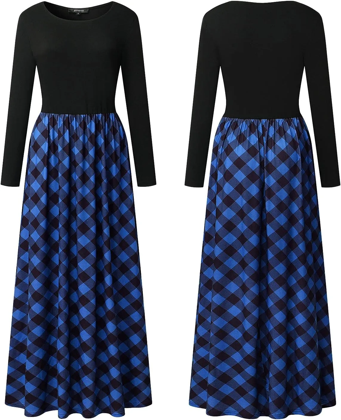MEROKEETY Women's Long Sleeve Plaid Empire Waist Full Length Maxi Dress with Pockets