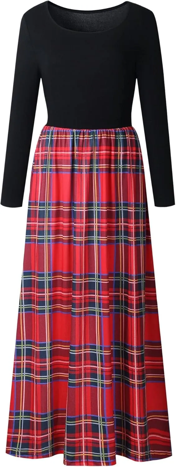 MEROKEETY Women's Long Sleeve Plaid Empire Waist Full Length Maxi Dress with Pockets
