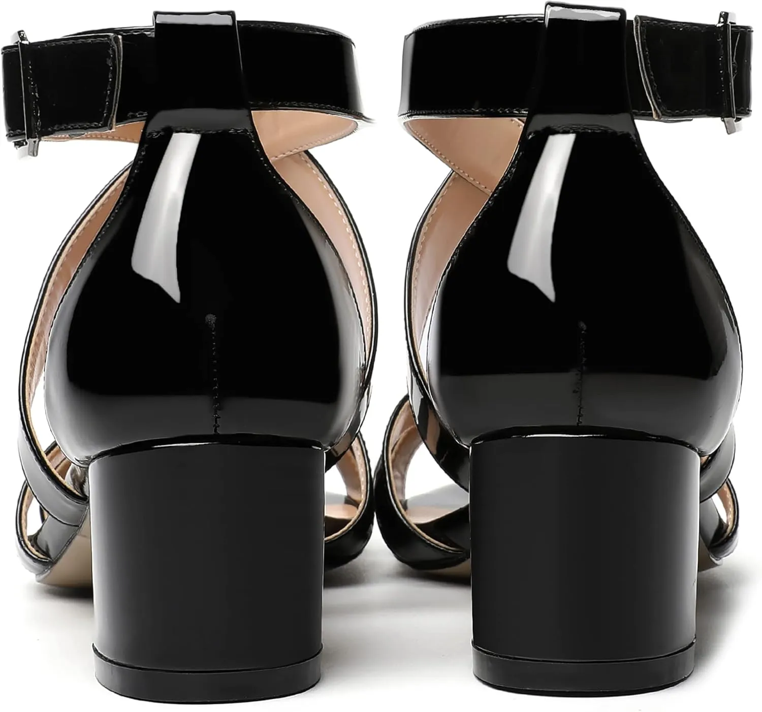 MERRORI Women's Patent Solid Buckle Open Toe Party Ankle Strap Dress Chunky Low Heel Sandals 2 Inch