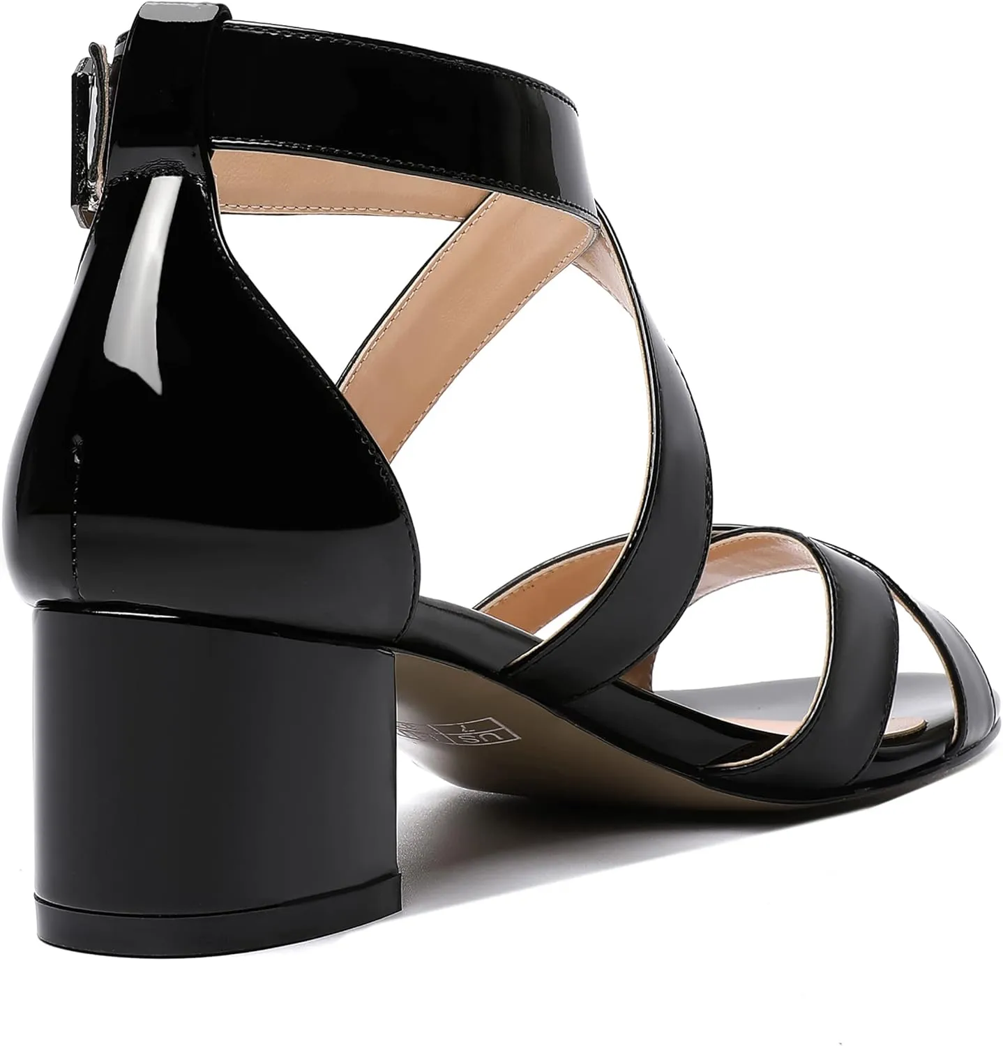 MERRORI Women's Patent Solid Buckle Open Toe Party Ankle Strap Dress Chunky Low Heel Sandals 2 Inch