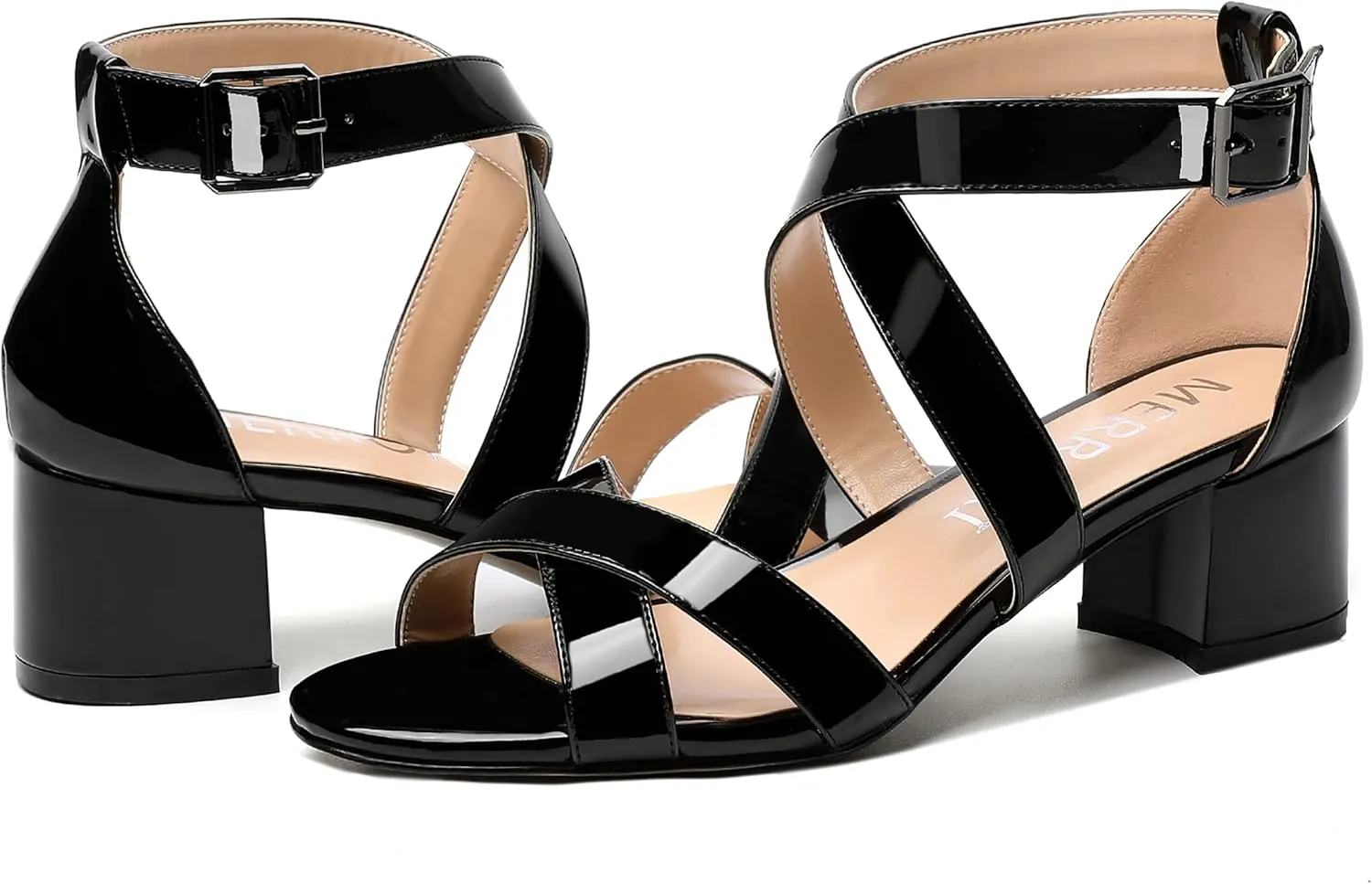 MERRORI Women's Patent Solid Buckle Open Toe Party Ankle Strap Dress Chunky Low Heel Sandals 2 Inch