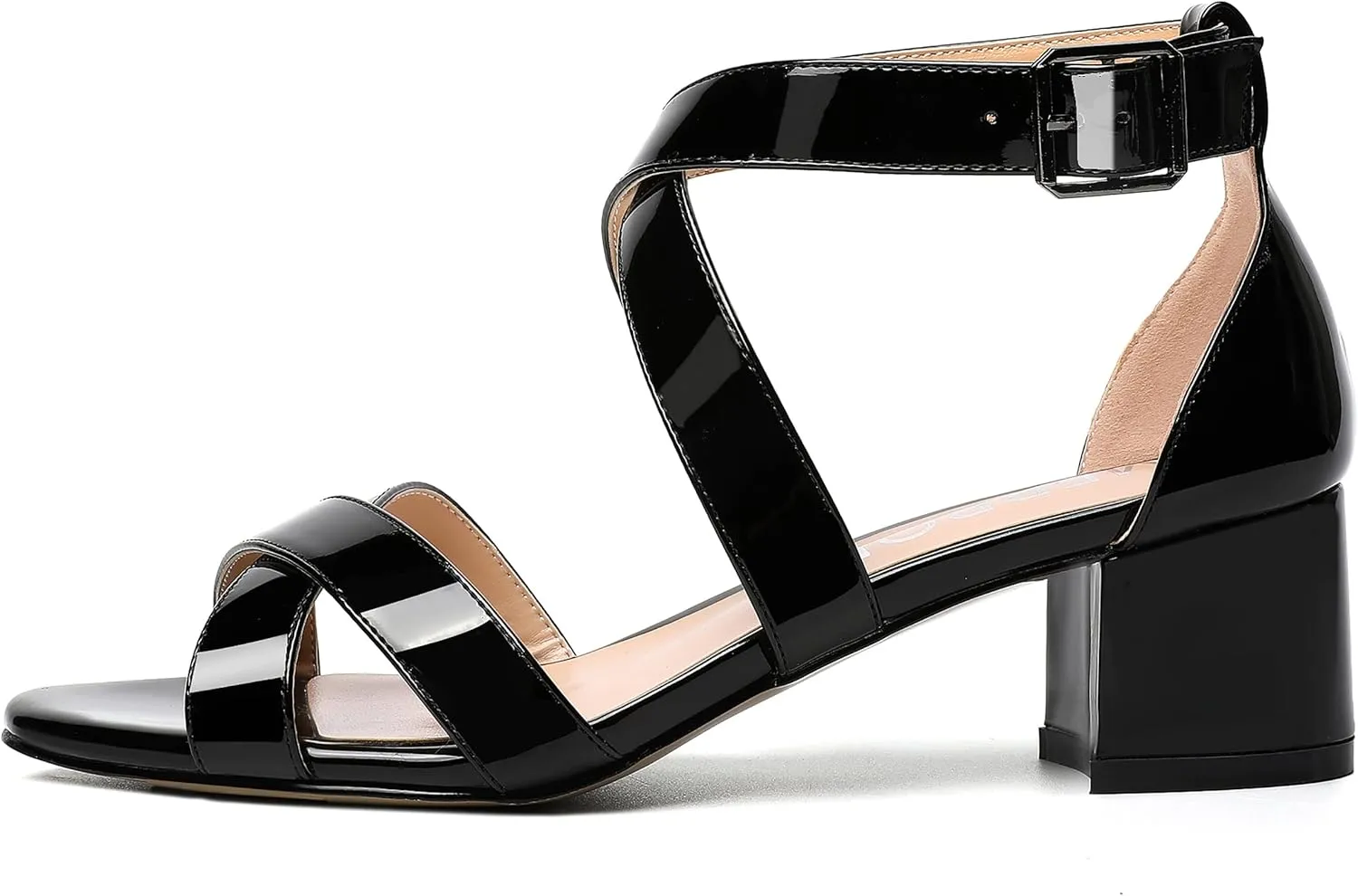 MERRORI Women's Patent Solid Buckle Open Toe Party Ankle Strap Dress Chunky Low Heel Sandals 2 Inch