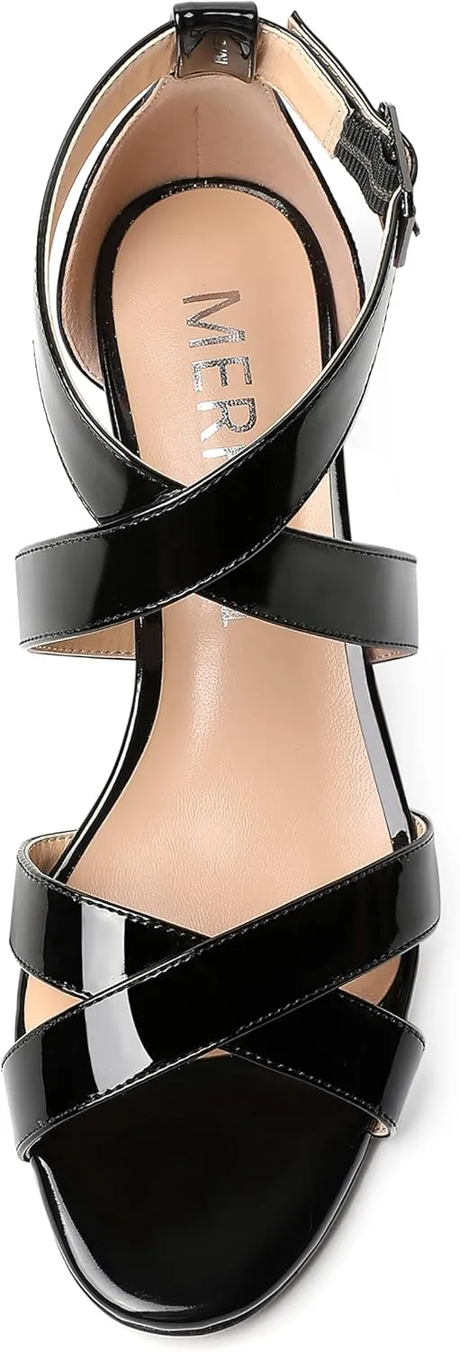 MERRORI Women's Patent Solid Buckle Open Toe Party Ankle Strap Dress Chunky Low Heel Sandals 2 Inch