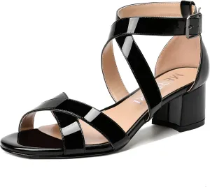 MERRORI Women's Patent Solid Buckle Open Toe Party Ankle Strap Dress Chunky Low Heel Sandals 2 Inch