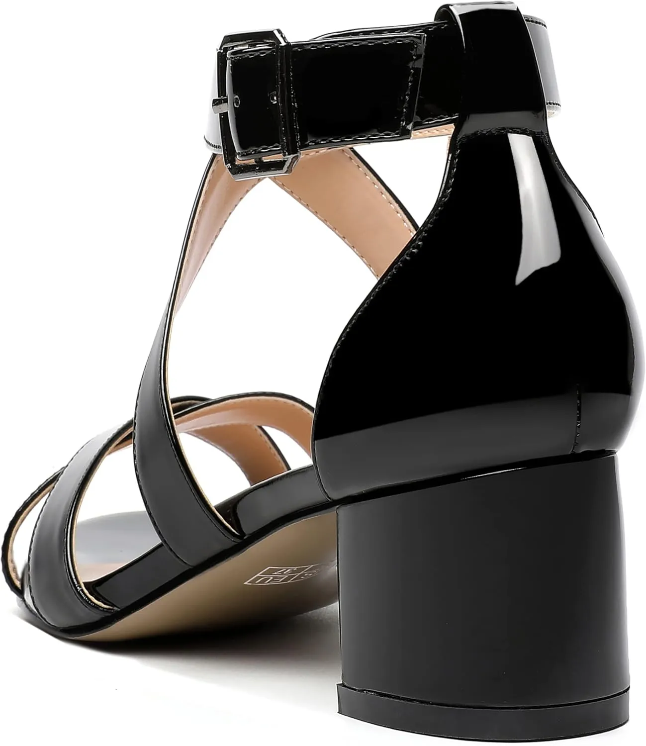MERRORI Women's Patent Solid Buckle Open Toe Party Ankle Strap Dress Chunky Low Heel Sandals 2 Inch