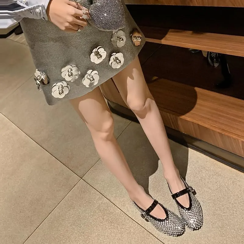 Mesh Ballet Flats for Women Black Comfortable Ballerina Buckle Strap Flats Ladies Fishnet Casual Elegant Mary Jane Dress Shoes