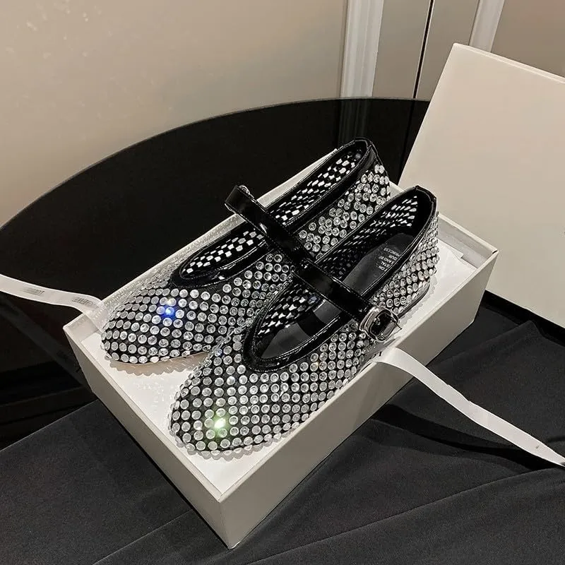 Mesh Ballet Flats for Women Black Comfortable Ballerina Buckle Strap Flats Ladies Fishnet Casual Elegant Mary Jane Dress Shoes
