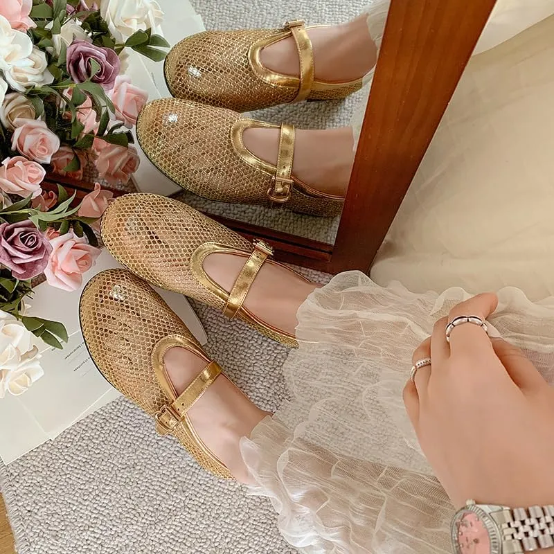 Mesh Ballet Flats for Women Black Comfortable Ballerina Buckle Strap Flats Ladies Fishnet Casual Elegant Mary Jane Dress Shoes