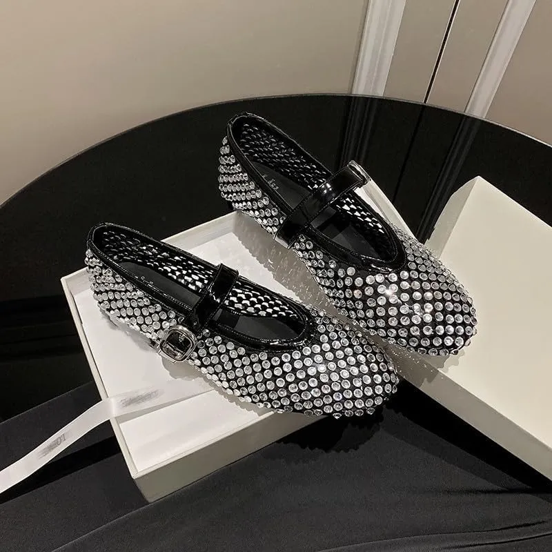 Mesh Ballet Flats for Women Black Comfortable Ballerina Buckle Strap Flats Ladies Fishnet Casual Elegant Mary Jane Dress Shoes