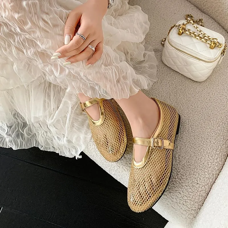 Mesh Ballet Flats for Women Black Comfortable Ballerina Buckle Strap Flats Ladies Fishnet Casual Elegant Mary Jane Dress Shoes