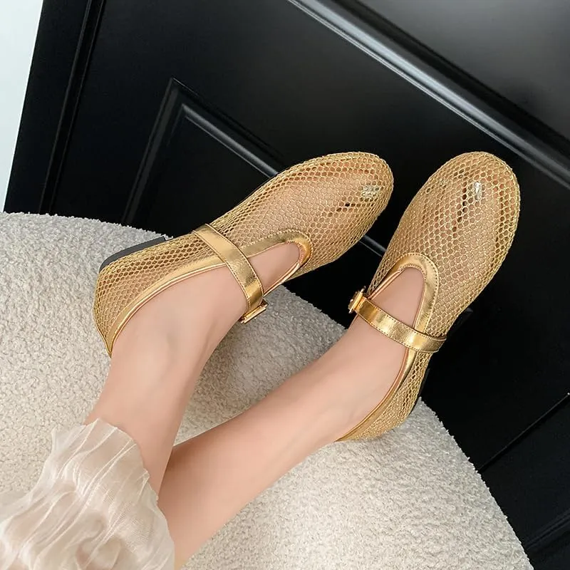 Mesh Ballet Flats for Women Black Comfortable Ballerina Buckle Strap Flats Ladies Fishnet Casual Elegant Mary Jane Dress Shoes