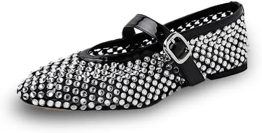 Mesh Ballet Flats for Women Black Comfortable Ballerina Buckle Strap Flats Ladies Fishnet Casual Elegant Mary Jane Dress Shoes