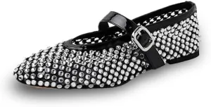 Mesh Ballet Flats for Women Black Comfortable Ballerina Buckle Strap Flats Ladies Fishnet Casual Elegant Mary Jane Dress Shoes