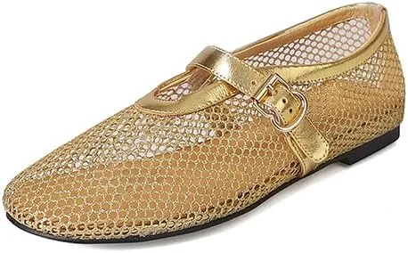 Mesh Ballet Flats for Women Black Comfortable Ballerina Buckle Strap Flats Ladies Fishnet Casual Elegant Mary Jane Dress Shoes