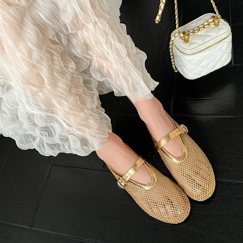 Mesh Ballet Flats for Women Black Comfortable Ballerina Buckle Strap Flats Ladies Fishnet Casual Elegant Mary Jane Dress Shoes