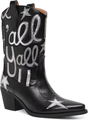 Metallic Cowboy boots for Women Mid Calf Low Heel Pointed Toe Womens Cowgirl Boots Fashion Embroidery Western Pull On Boots