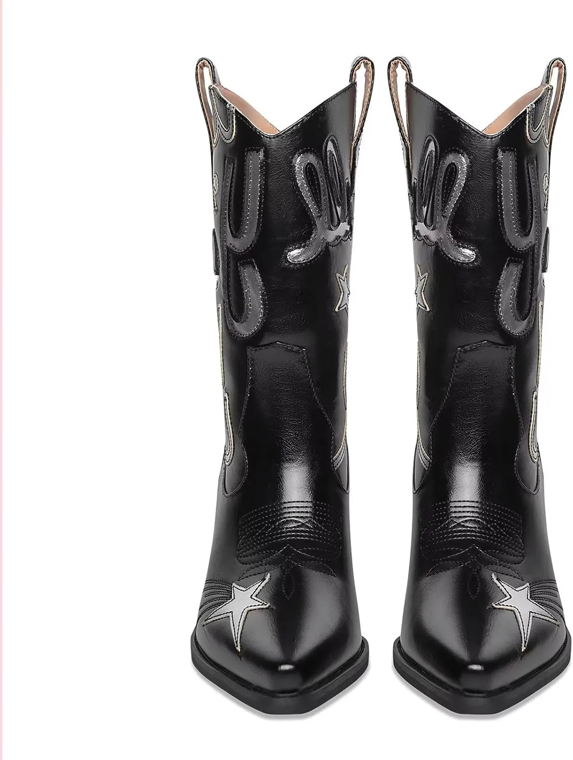 Metallic Cowboy boots for Women Mid Calf Low Heel Pointed Toe Womens Cowgirl Boots Fashion Embroidery Western Pull On Boots