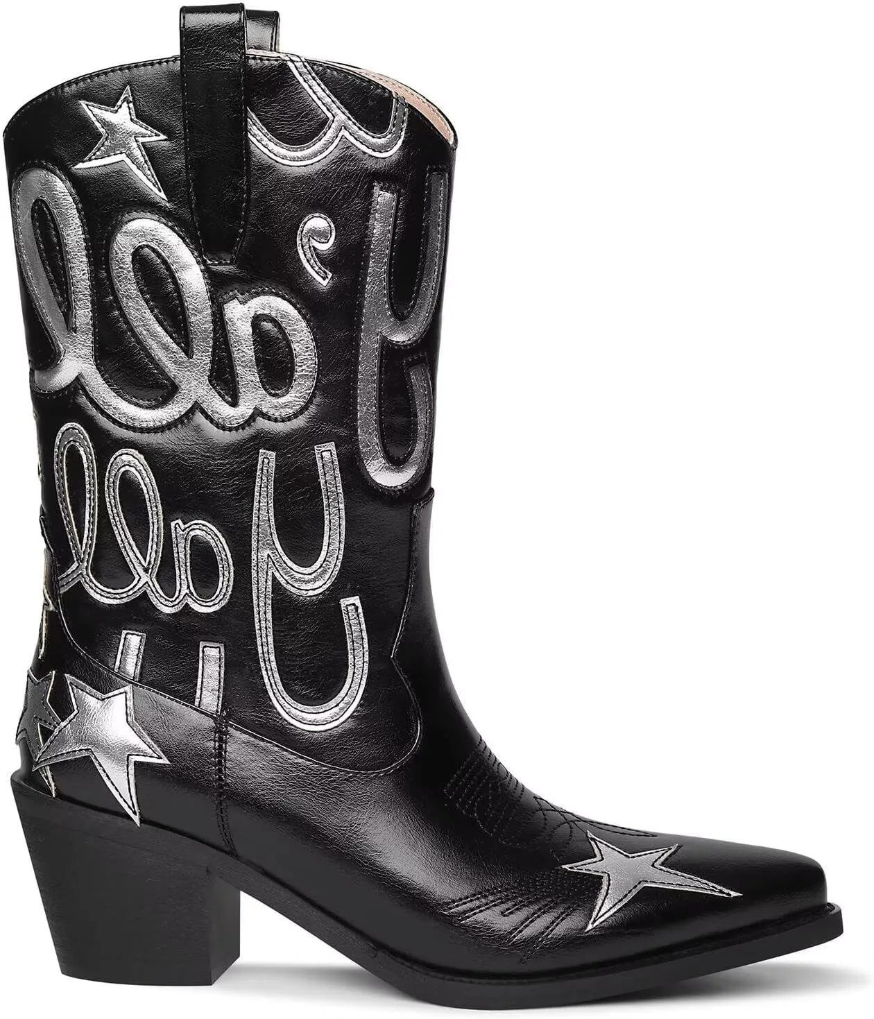Metallic Cowboy boots for Women Mid Calf Low Heel Pointed Toe Womens Cowgirl Boots Fashion Embroidery Western Pull On Boots
