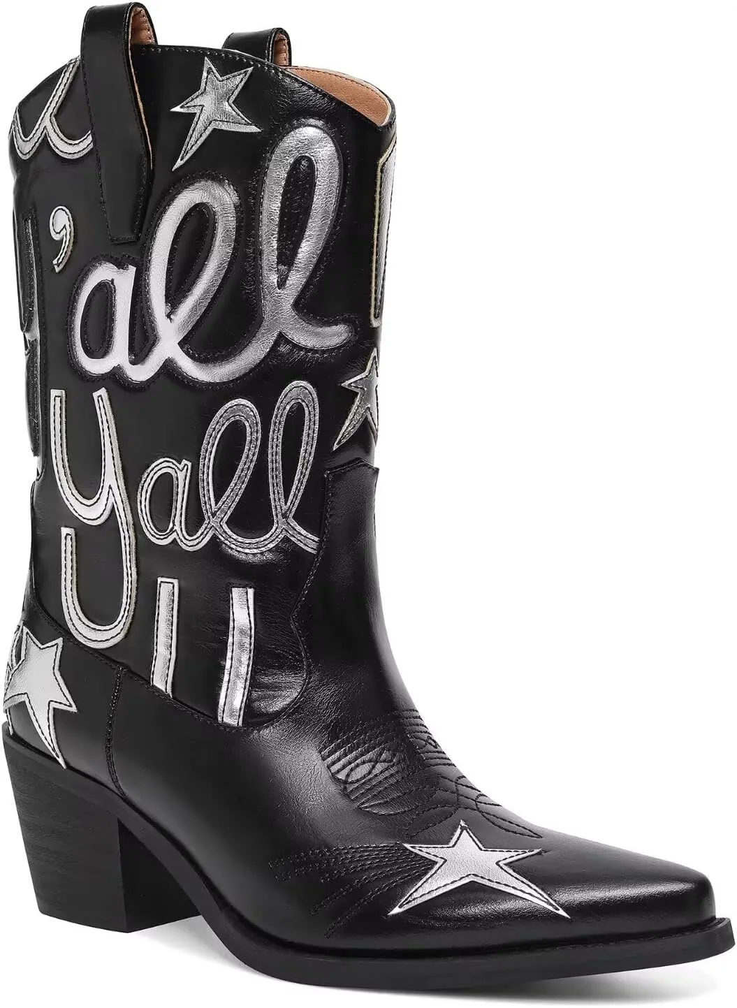Metallic Cowboy boots for Women Mid Calf Low Heel Pointed Toe Womens Cowgirl Boots Fashion Embroidery Western Pull On Boots