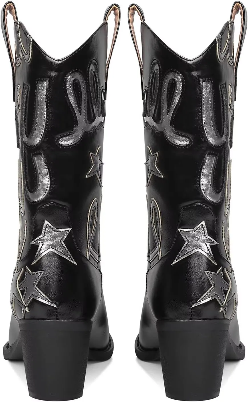 Metallic Cowboy boots for Women Mid Calf Low Heel Pointed Toe Womens Cowgirl Boots Fashion Embroidery Western Pull On Boots