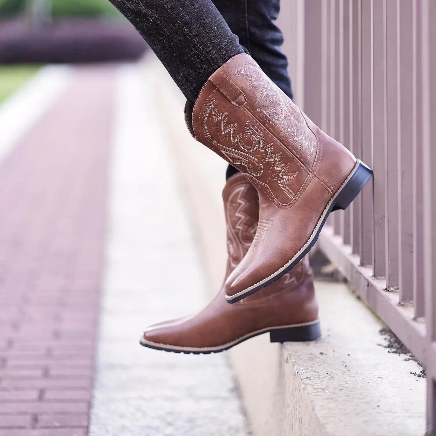Metrocharm Men's Cowboy Western-02 Embroidered Square Toe Mid-Calf Boots