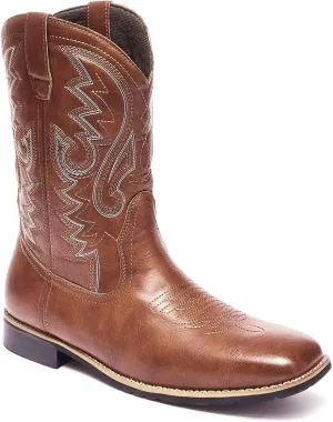 Metrocharm Men's Cowboy Western-02 Embroidered Square Toe Mid-Calf Boots