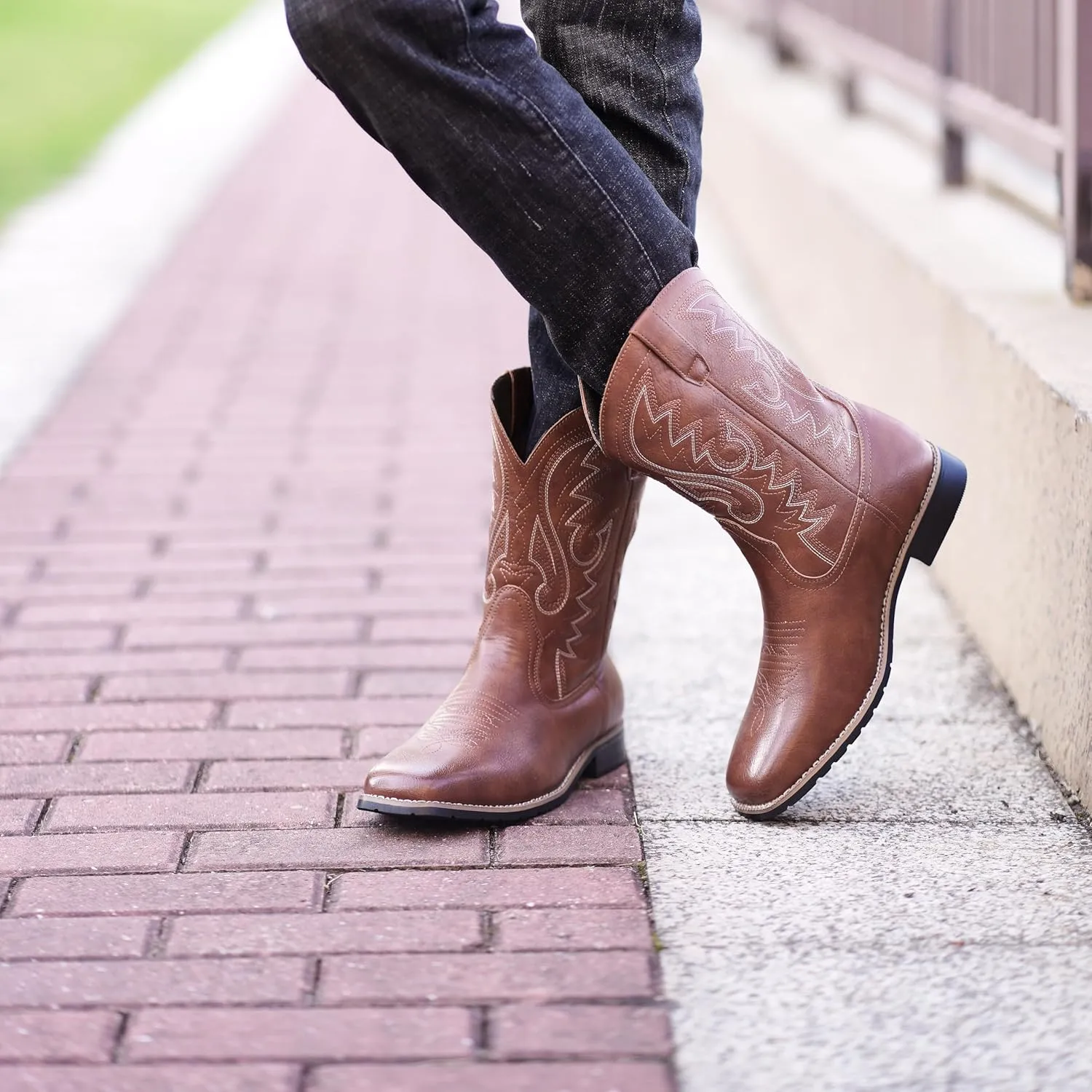 Metrocharm Men's Cowboy Western-02 Embroidered Square Toe Mid-Calf Boots