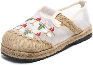 Micoklinlin Loafers for Women Casual Breathable Mesh Espadrilles Slip on Flat House Shoes Floral Embroidered Shoes for Summer