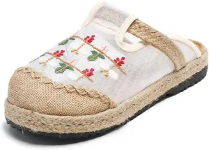Micoklinlin Loafers for Women Casual Breathable Mesh Espadrilles Slip on Flat House Shoes Floral Embroidered Shoes for Summer