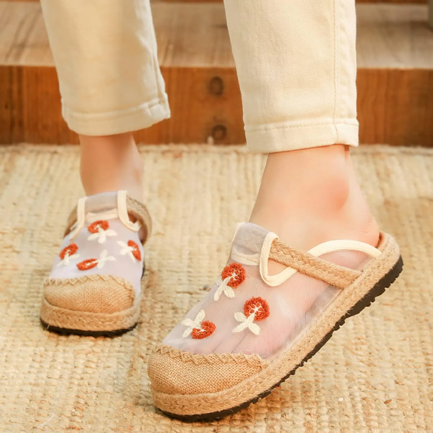 Micoklinlin Loafers for Women Casual Breathable Mesh Espadrilles Slip on Flat House Shoes Floral Embroidered Shoes for Summer