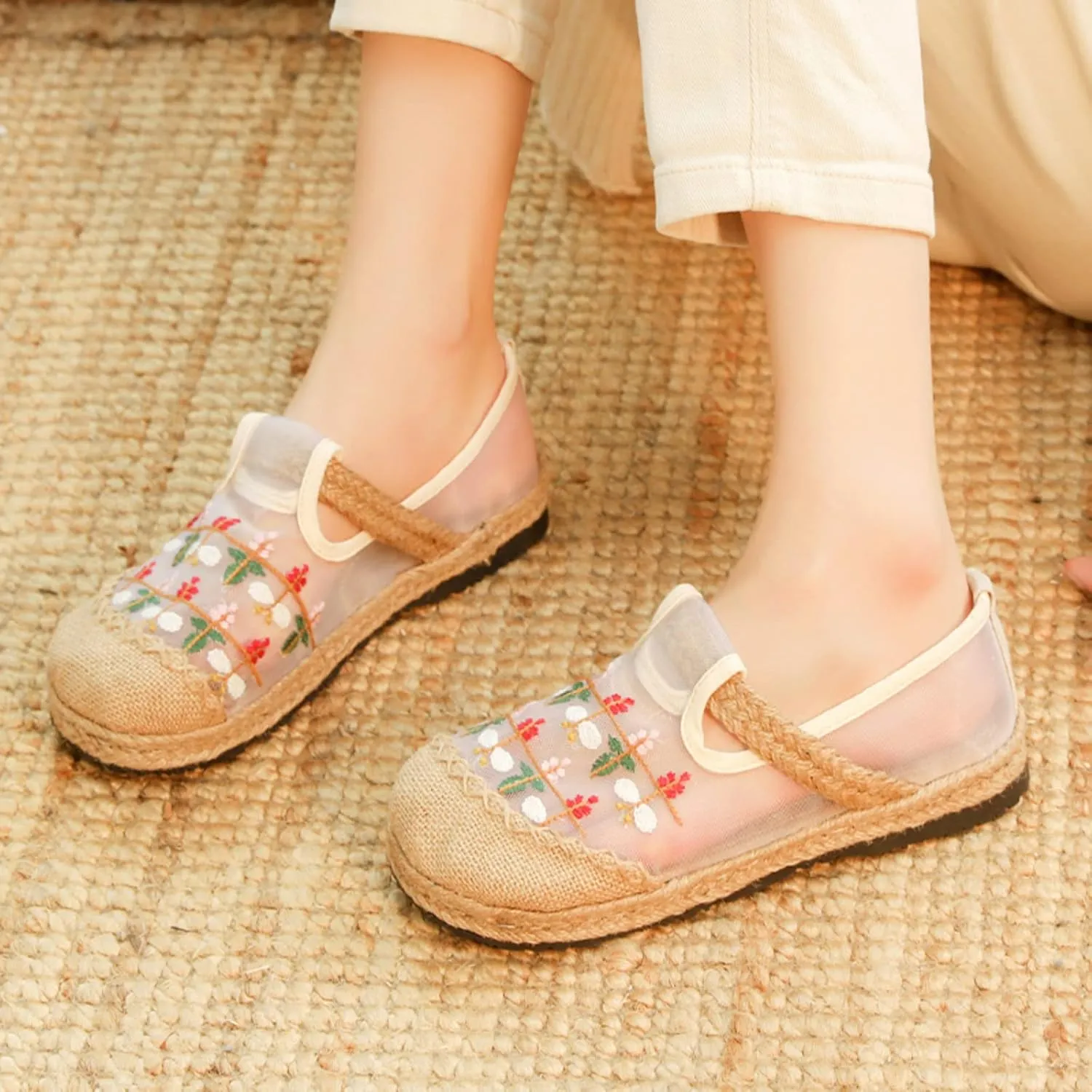 Micoklinlin Loafers for Women Casual Breathable Mesh Espadrilles Slip on Flat House Shoes Floral Embroidered Shoes for Summer