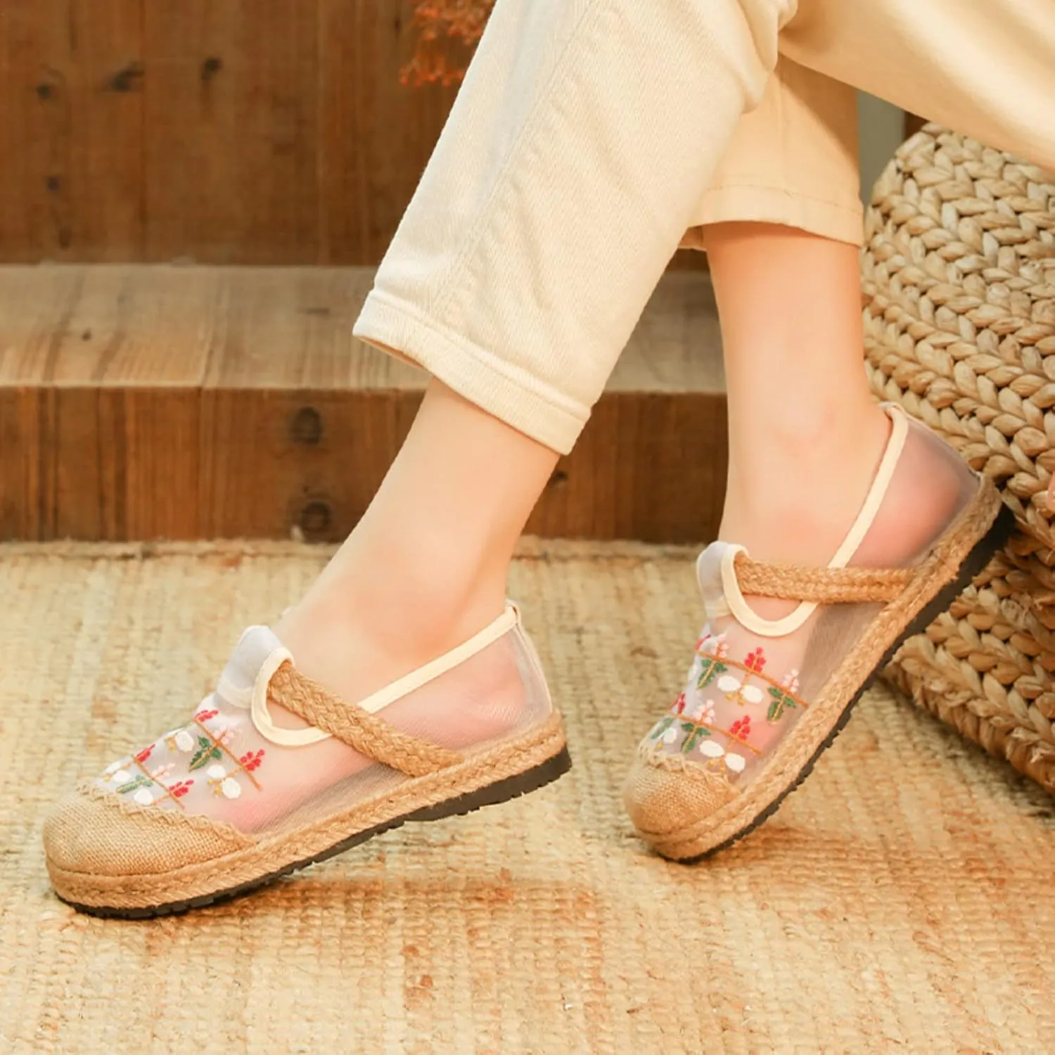 Micoklinlin Loafers for Women Casual Breathable Mesh Espadrilles Slip on Flat House Shoes Floral Embroidered Shoes for Summer