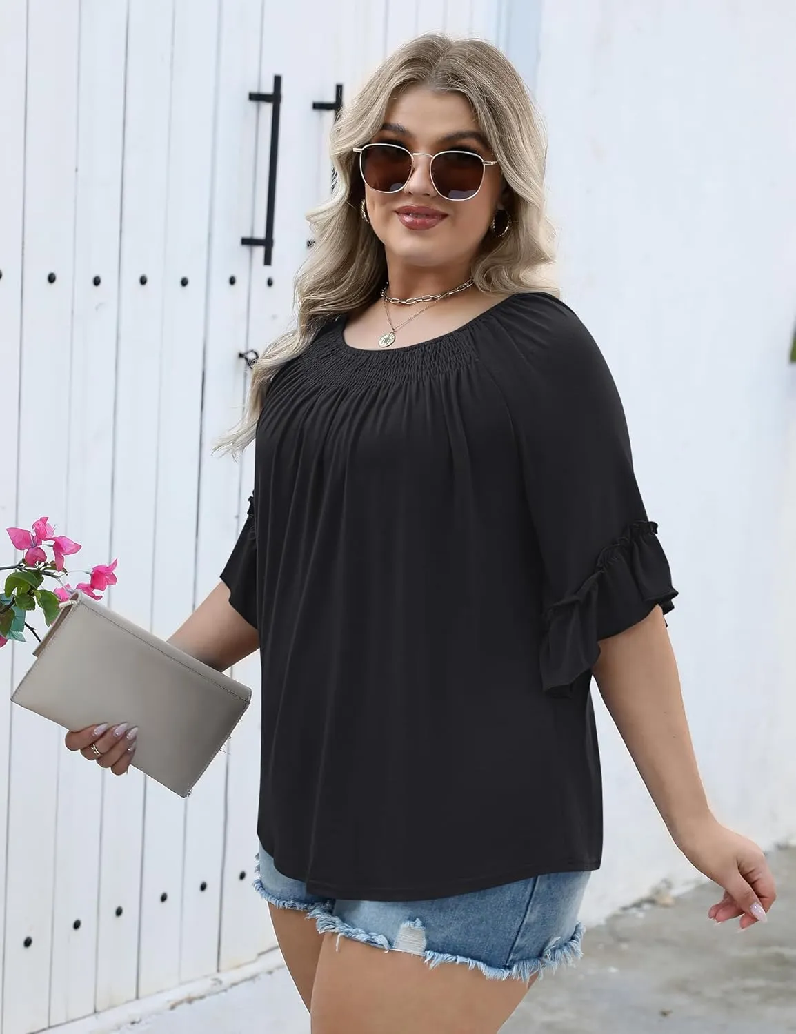 Micoson Womens Plus Size Tops 3/4 Ruffle Sleeve Shirts Crewneck Pleated Blouses Dressy Casual Fashion Tunic Top (1X-5X)