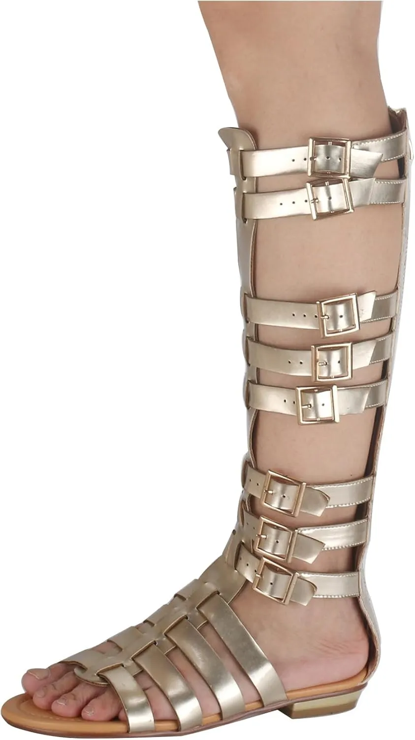 Minishion Women Tall Gladiator Sandals Knee High Strappy Summer Flats with Buckle TM027