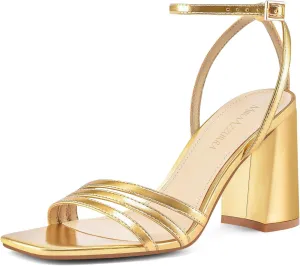 MIRAAZZURRA Womens Heeled Sandals, Square Open Toe Chunky Block Heels with Ankle Strap, for Women Daily Party Dress Comfortable Heels