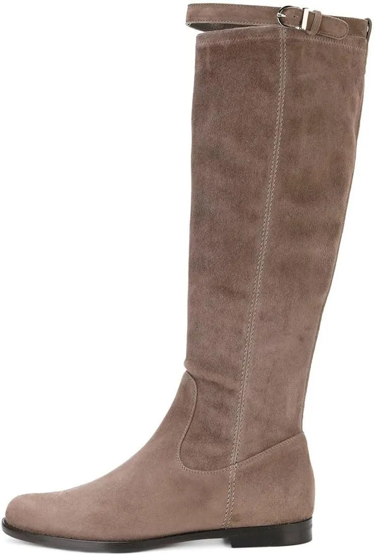 miss left Women Stretchy Knee High Boots Closed Almond Toe Flat Riding Boot with Strap Buckle Comfortable Winter Cold Weather Office Shoes Size 4-16 US