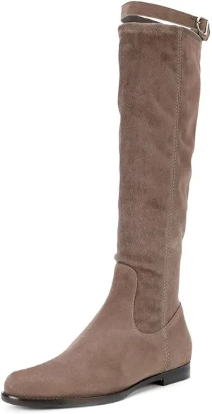 miss left Women Stretchy Knee High Boots Closed Almond Toe Flat Riding Boot with Strap Buckle Comfortable Winter Cold Weather Office Shoes Size 4-16 US