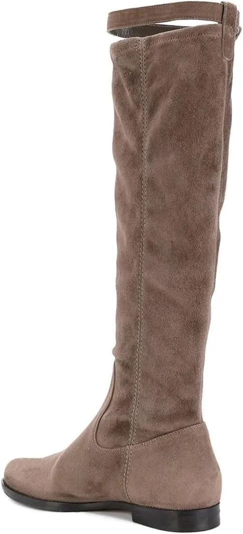 miss left Women Stretchy Knee High Boots Closed Almond Toe Flat Riding Boot with Strap Buckle Comfortable Winter Cold Weather Office Shoes Size 4-16 US