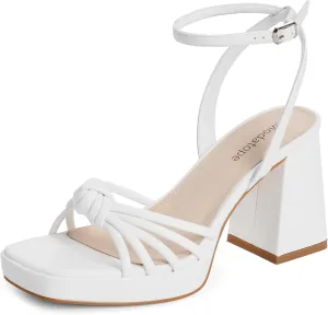 Modatope Platform Bow Sandals for Women Chunky Heel Strappy Platform Heels Square Open Toe Heeled Sandals Ankle Strap Block Heel Sanadals