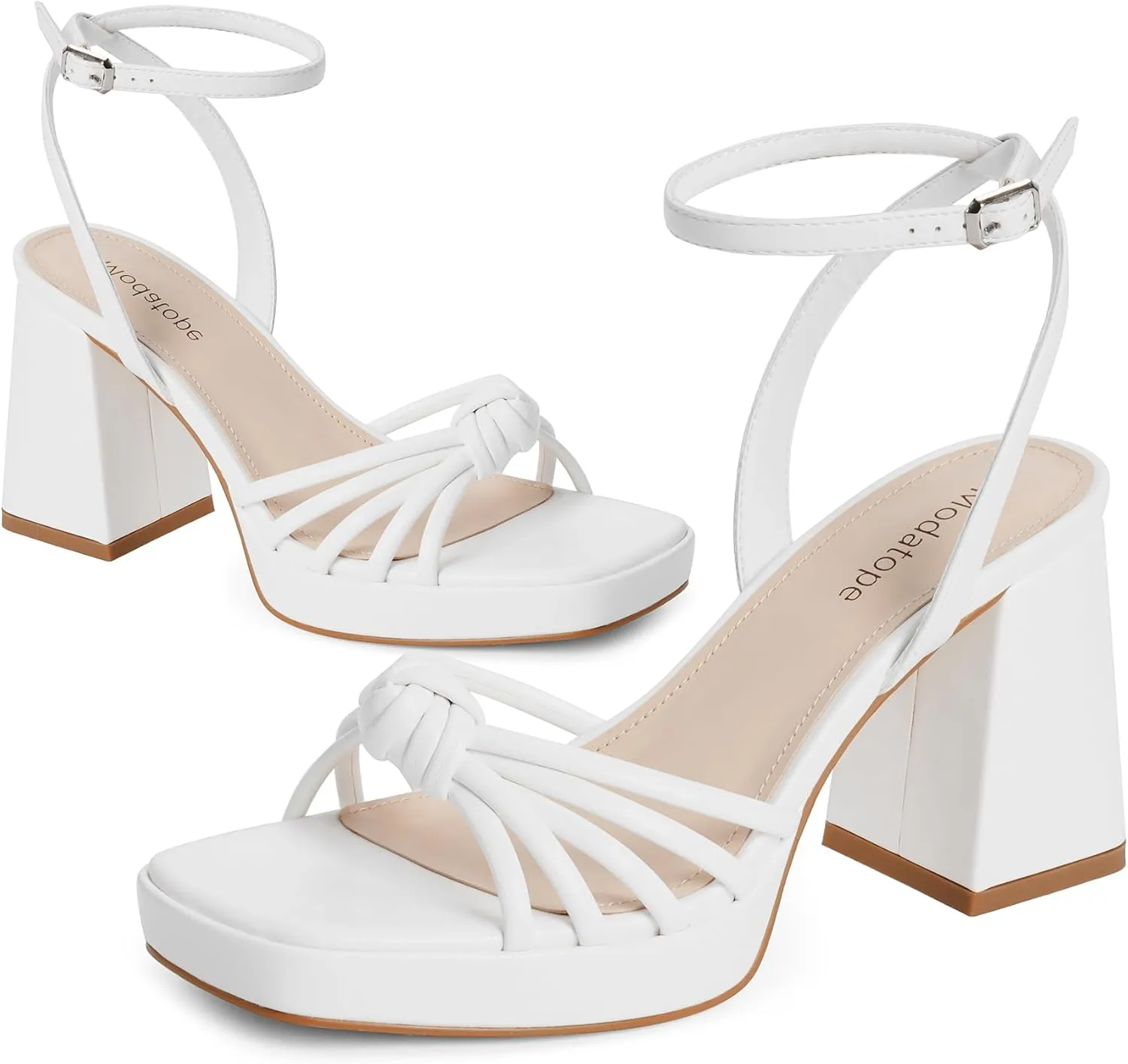 Modatope Platform Bow Sandals for Women Chunky Heel Strappy Platform Heels Square Open Toe Heeled Sandals Ankle Strap Block Heel Sanadals