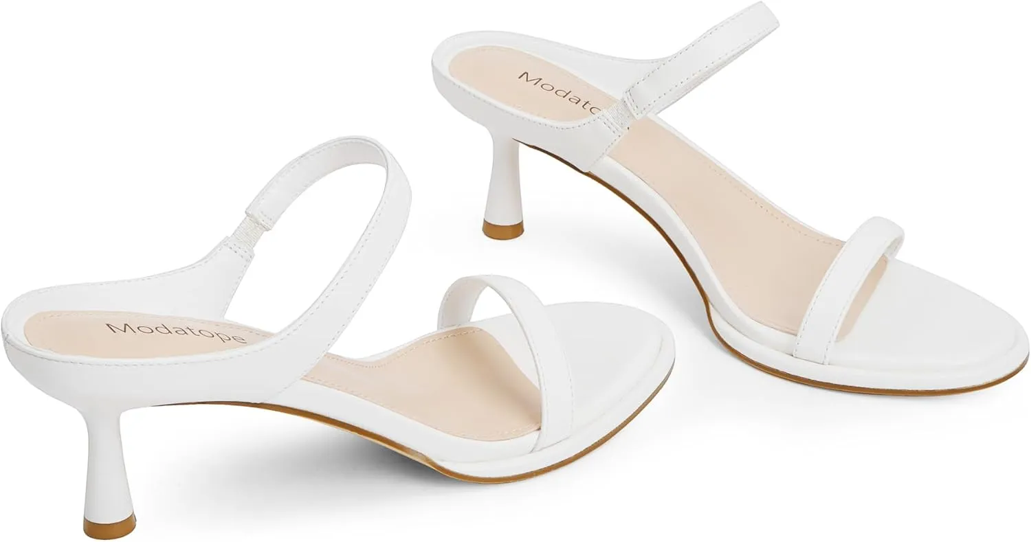 Modatope Two Strap Heeled Sandals for Women Kitten Heel Rounded Toe Heels Women Slip on Open Toe Sandals