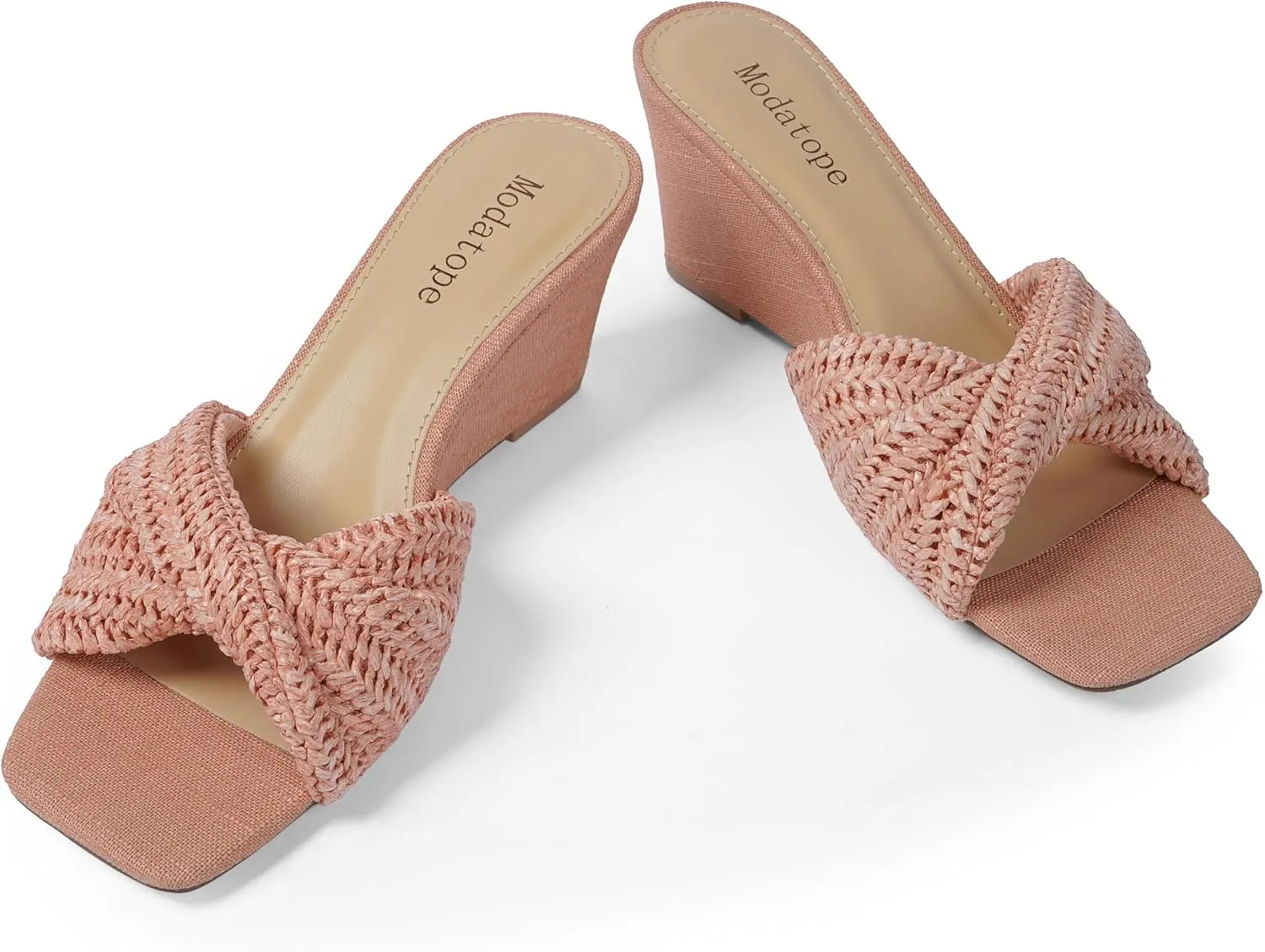 Modatope Wedge Sandals for Women Braided Wedge Heels Square Open Toe Raffia Dressy Womens Sandals